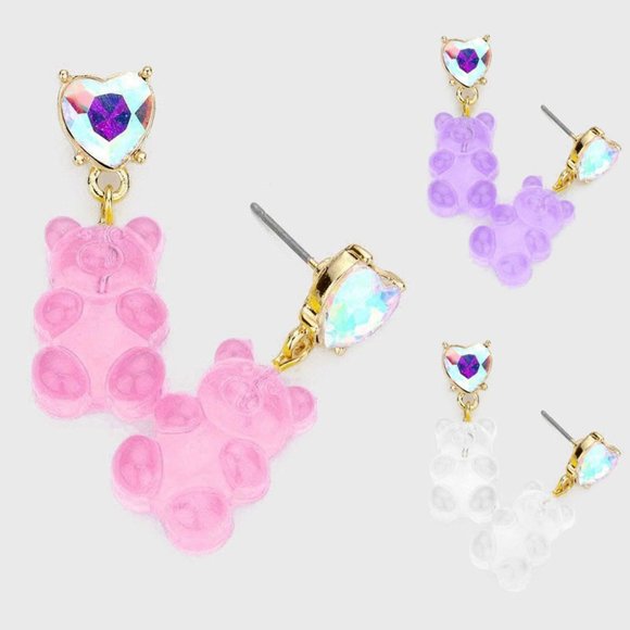 NEW Sparkly Ab Crystal Heart Stud Kawaii Dangle Clear Gummy Bear Drop Earrings - Picture 1 of 5